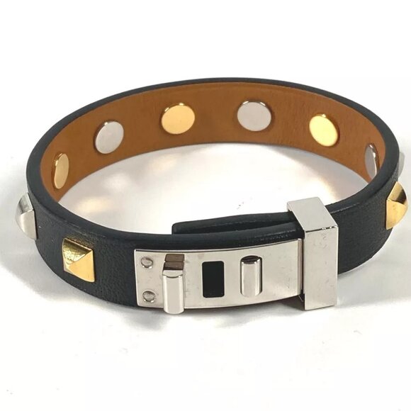 HERMES Studs Mini dog crew Carre Bangle accessories Bracelet Leather Black - Picture 1 of 11
